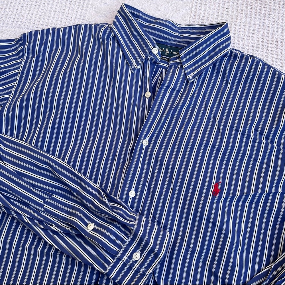Ralph Lauren blue white striped button shirt men’s xl tall dress cotton classic